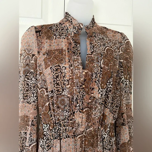 House Of Harlow 1960 Dress Boho Long Sleeve Mini Dress Brown Gold Sparkle size 8 - Picture 8 of 16